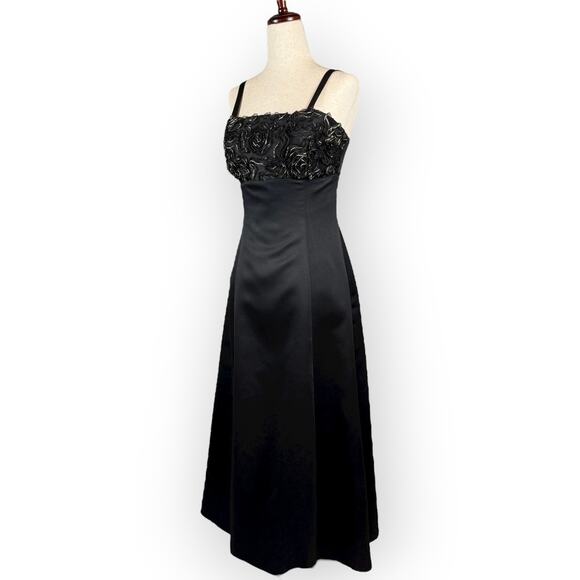 Vintage 90's Girls Ruched Flower Black Gold Formal Dress Junior 7 A-Line - Picture 2 of 8